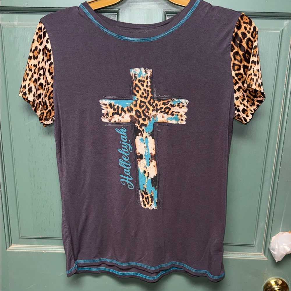 Hallelujah Short Sleeve Tee with Leopard Cross Detail